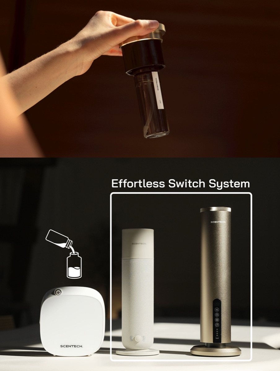 A sealed 65 ml ScentPod being clicked into a Scentech diffuser without decanting